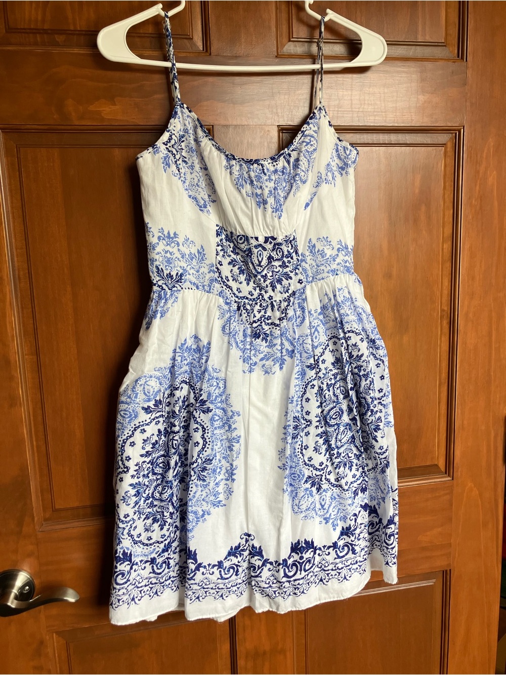 Boston Proper White and Blue Printed Spaghetti-Strap Mini Dress